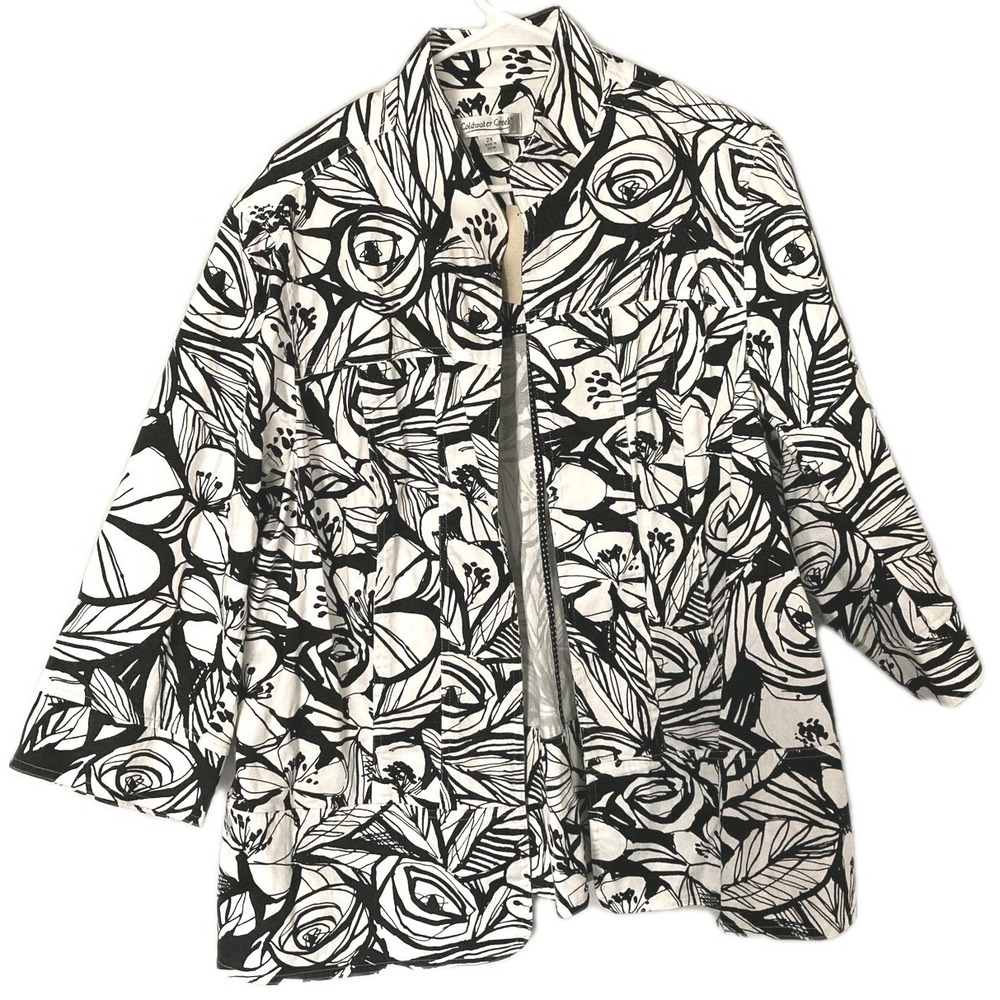 Coldwater Creek Jacket Women 2X Blk/Wht Stretch Floral Full Zip Peplum Twill NWT